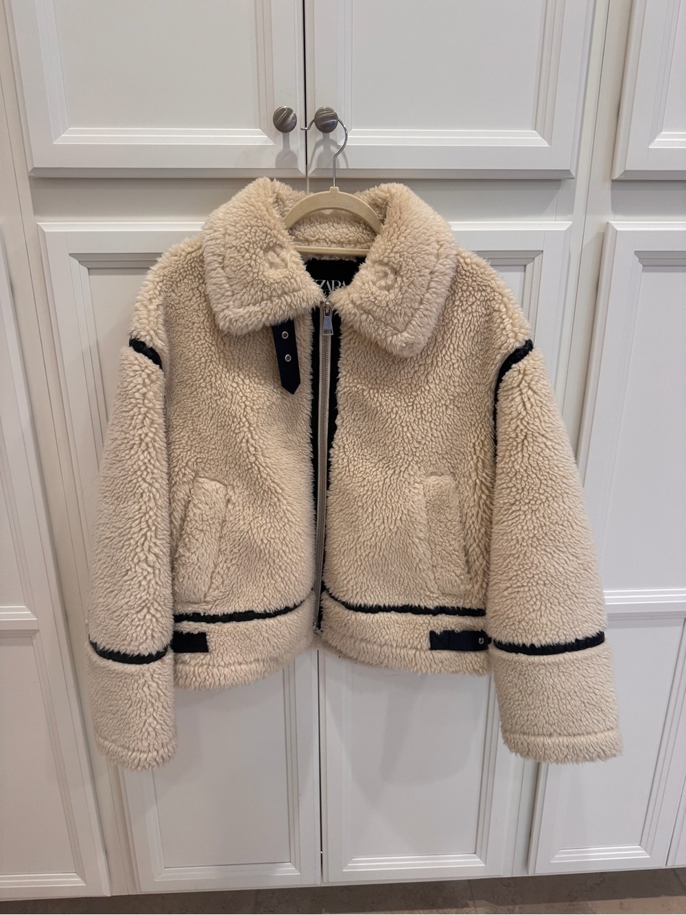 Zara Cream Sherpa Puffer Jacket with Black Piping